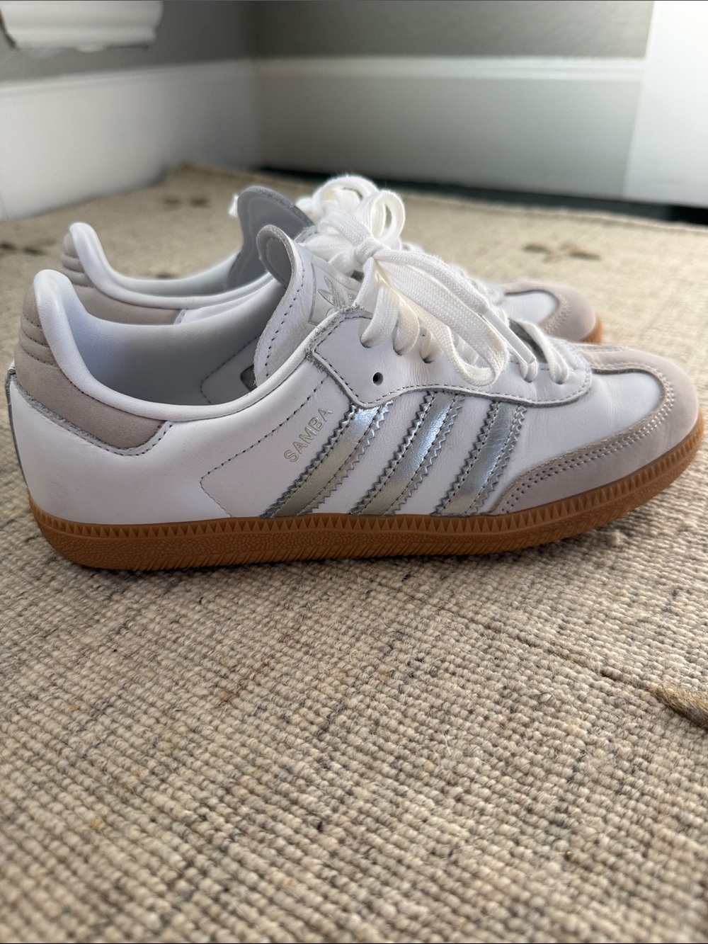adidas Samba Sneakers — White with Silver Stripes and Gum Sole